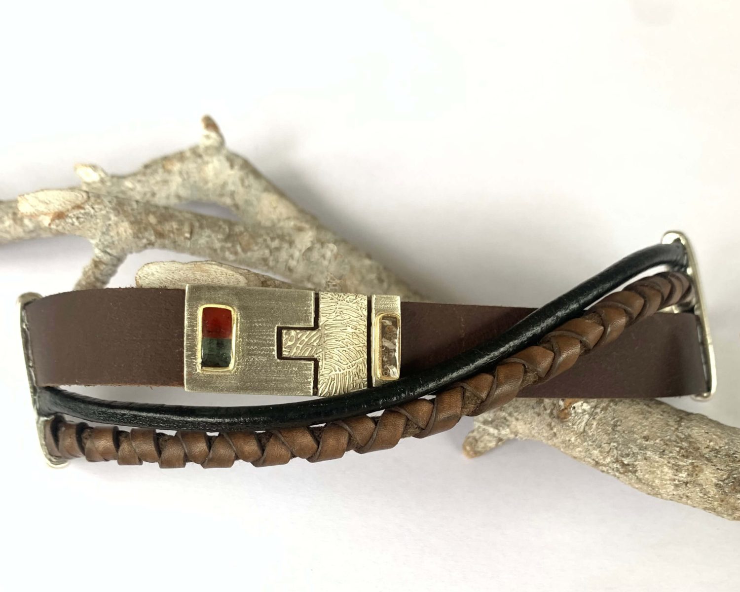 armband leer zilver vingerafdruk as epoxyhars granaat toermalijn